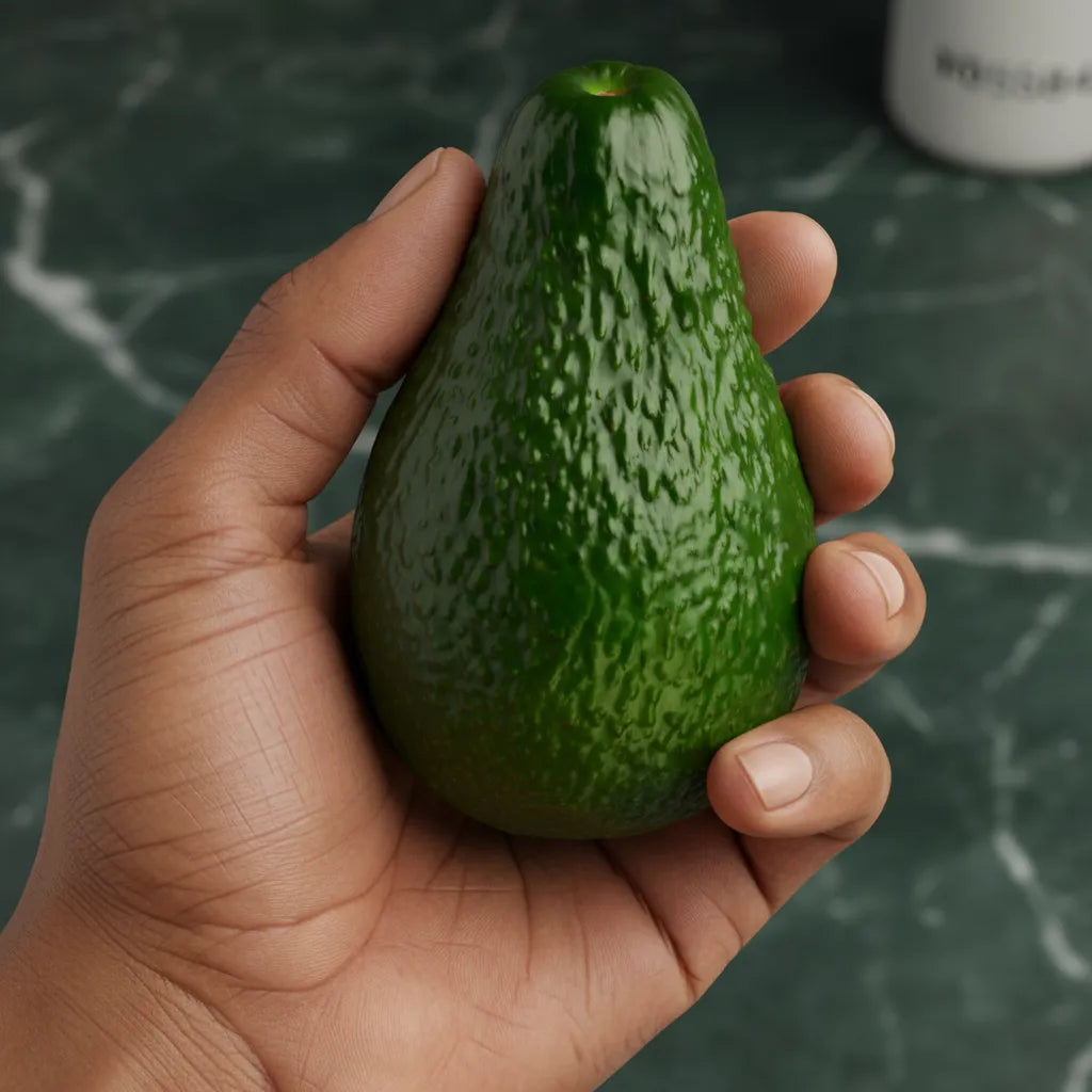 Main tenant un avocat Haas mûr, fruit frais à chair crémeuse pour cuisine quotidienne et plats équilibrés.